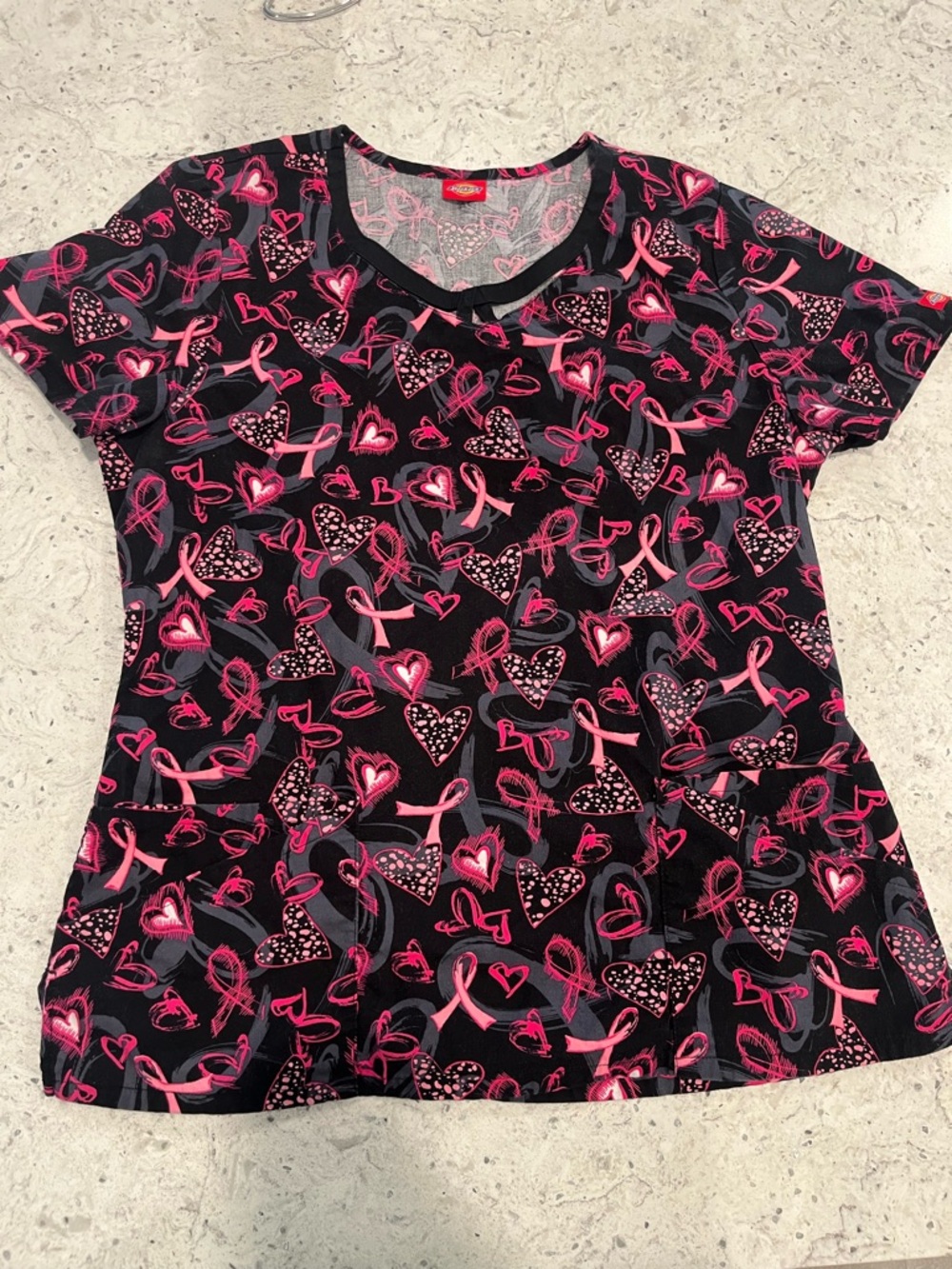 Women’s Black V-Neck Scrub Top with Pink Ribbon & Heart Print